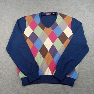 Aristo Sweater Mens XL Multicolor 100% Merino Wool V Neck Argyle Knit Pullover